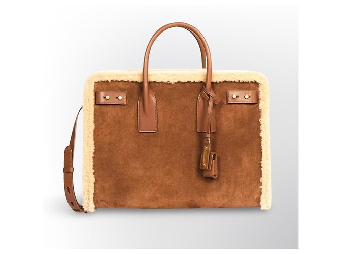 Saint Laurent De Jour Borsa Tote in Pelle e Shearling Marrone - vista 3