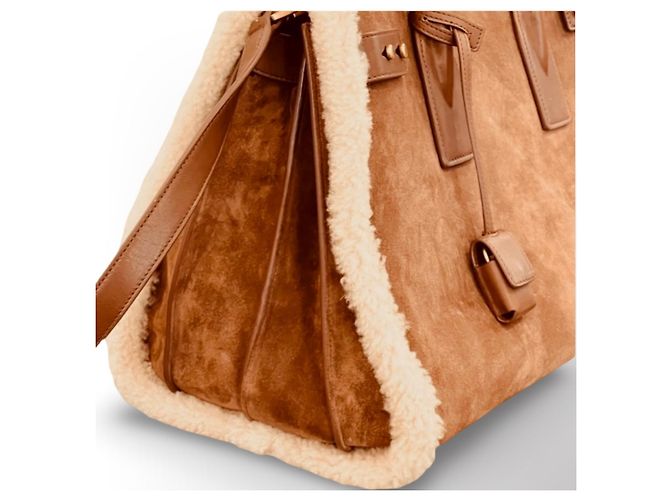 Saint Laurent De Jour Borsa Tote in Pelle e Shearling Marrone - vista 4