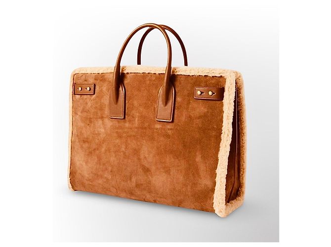 Saint Laurent De Jour Borsa Tote in Pelle e Shearling Marrone - vista 5