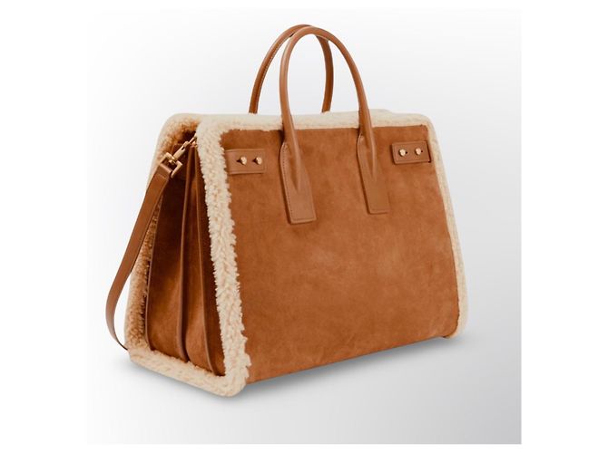 Saint Laurent De Jour Borsa Tote in Pelle e Shearling Marrone - vista 6