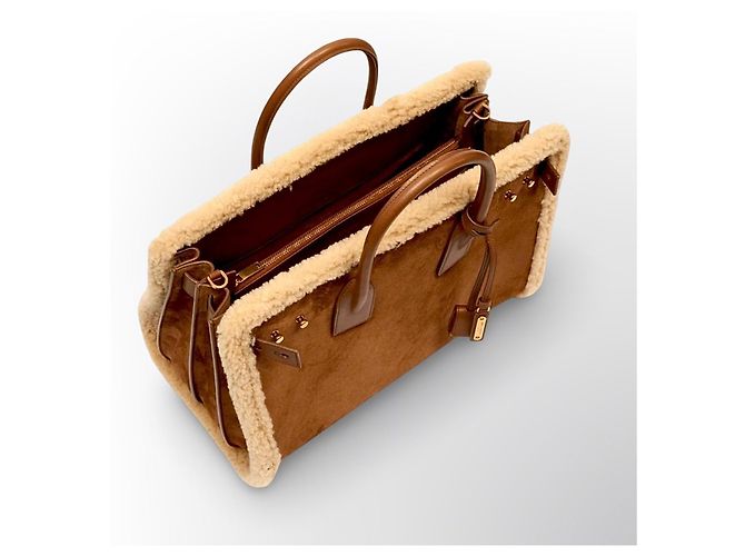 Saint Laurent De Jour Borsa Tote in Pelle e Shearling Marrone - vista 8
