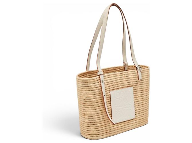 Loewe Borsa Cesta in Rafia e Pelle Beige - vista 11
