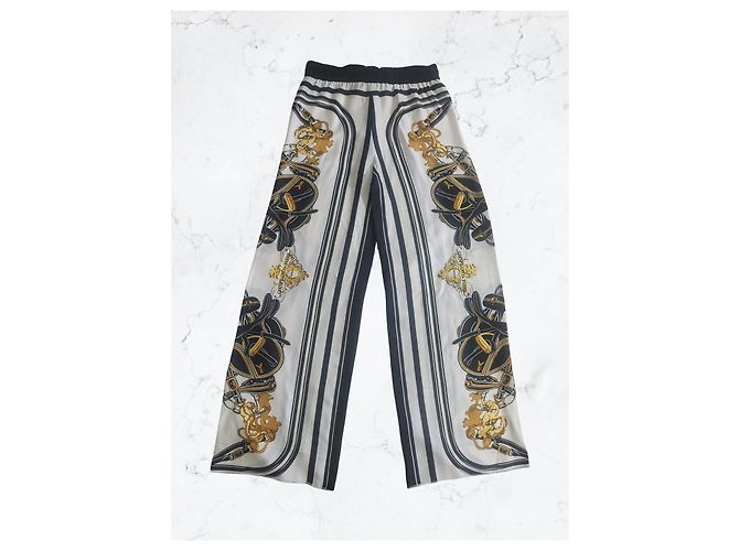 Gianfranco Ferré Gianfranco Ferrè Pantalones Palazzo Seda Estampado Pañuelo Negro Blanco Dorado - vista 5