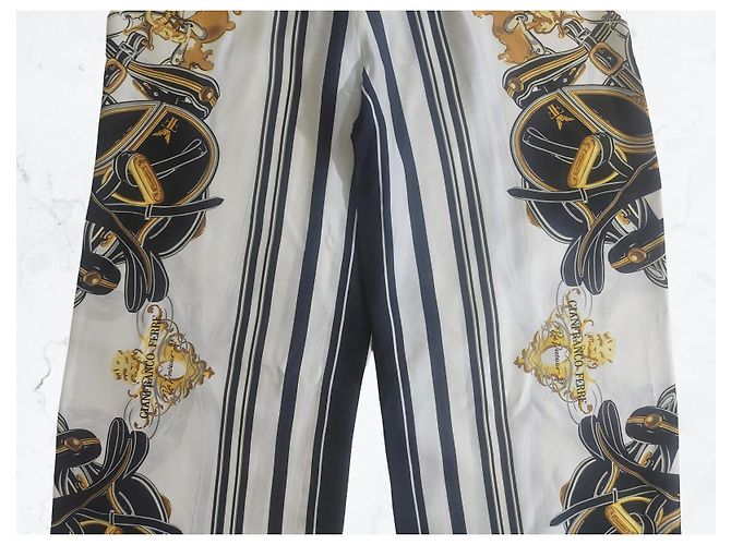 Gianfranco Ferré Gianfranco Ferrè Pantalones Palazzo Seda Estampado Pañuelo Negro Blanco Dorado - vista 7