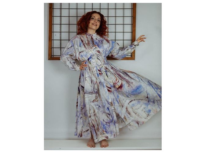 Vestido largo de algodón estampado Alexander McQueen William Blake Dante Blanco Roja Azul Púrpura - vista 12