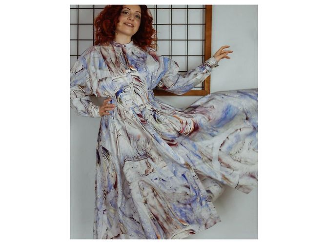 Vestido largo de algodón estampado Alexander McQueen William Blake Dante Blanco Roja Azul Púrpura - vista 9