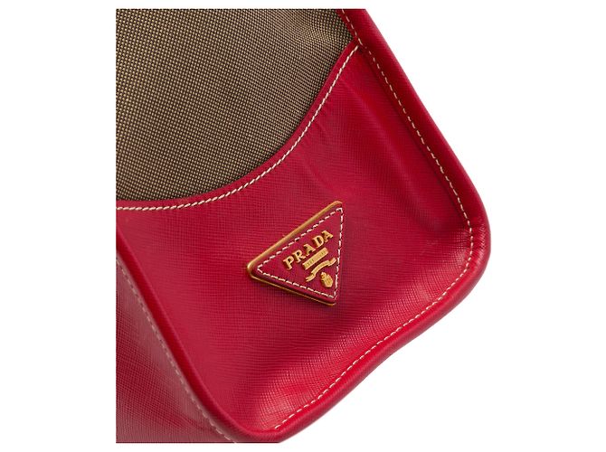 Sac satchel Prada en toile Canapa marron avec bordure en Saffiano et double fermeture éclair avec logo Marron clair - vue 5