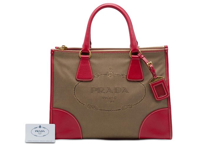 Sac satchel Prada en toile Canapa marron avec bordure en Saffiano et double fermeture éclair avec logo Marron clair - vue 7