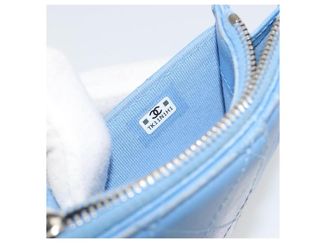 CHANEL Matelassé Münzbeutel aus Leder Hellblau Silber CC Authentisch 186603 - Ansicht 12