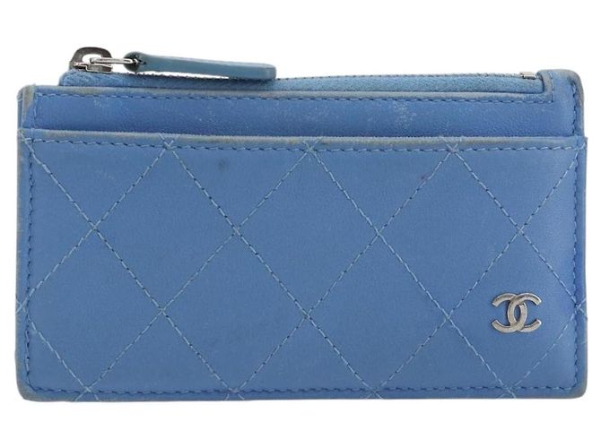 CHANEL Matelassé Münzbeutel aus Leder Hellblau Silber CC Authentisch 186603 - Ansicht 13