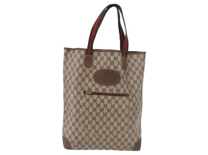 Borsa Tote GUCCI GG Supreme Web Sherry Line in PVC e pelle Beige Auth bs36101 - vista 13