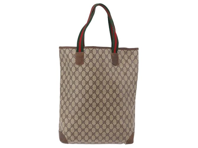Borsa Tote GUCCI GG Supreme Web Sherry Line in PVC e pelle Beige Auth bs36101 - vista 2