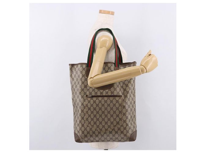 Borsa Tote GUCCI GG Supreme Web Sherry Line in PVC e pelle Beige Auth bs36101 - vista 21