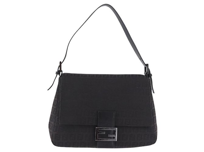 FENDI Zucchino Canvas Mamma Baguette Borsa a mano Nera Argento Auth BA14344 Nero - vista 13