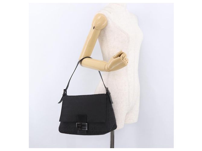 FENDI Zucchino Canvas Mamma Baguette Borsa a mano Nera Argento Auth BA14344 Nero - vista 25