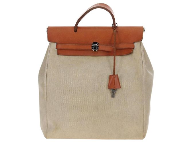Hermès HERMES Herbag A Dos Backpack Canvas 2way Beige Silver Auth 189543 Silber - Ansicht 13