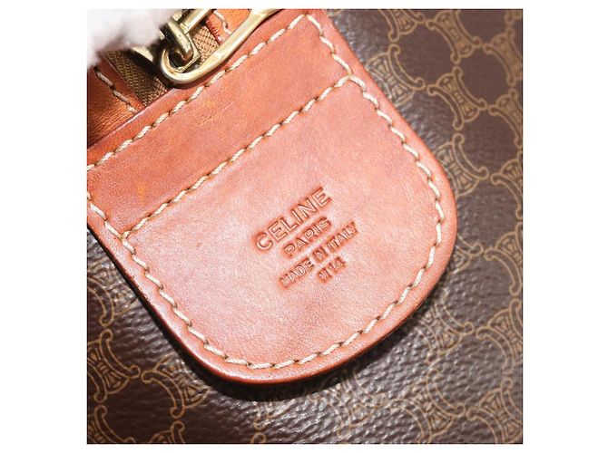 Céline Borsa Boston CELINE Macadam Canvas PVC Pelle Marrone Oro Auth 186569 D'oro - vista 12