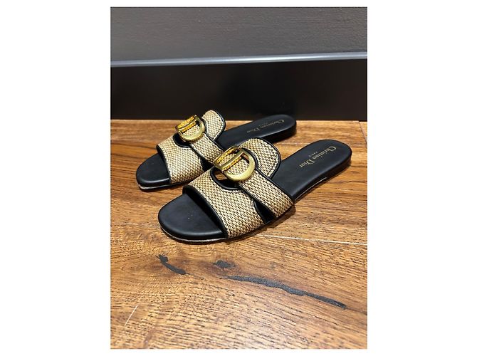 Dior Sandali Slide 30 Montaigne in Paglia 38 Nero Beige D'oro - vista 11