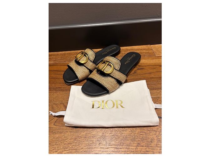 Dior Sandali Slide 30 Montaigne in Paglia 38 Nero Beige D'oro - vista 2