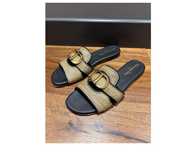 Dior Sandali Slide 30 Montaigne in Paglia 38 Nero Beige D'oro - vista 6