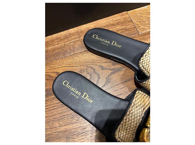 Dior Sandali Slide 30 Montaigne in Paglia 38 Nero Beige D'oro - vista 7