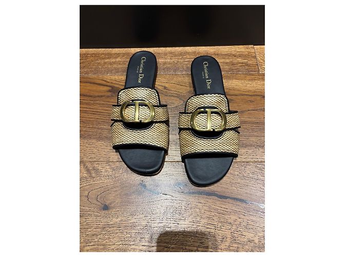 Dior Sandali Slide 30 Montaigne in Paglia 38 Nero Beige D'oro - vista 8