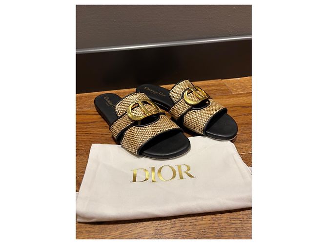 Dior Sandali Slide 30 Montaigne in Paglia 38 Nero Beige D'oro - vista 9