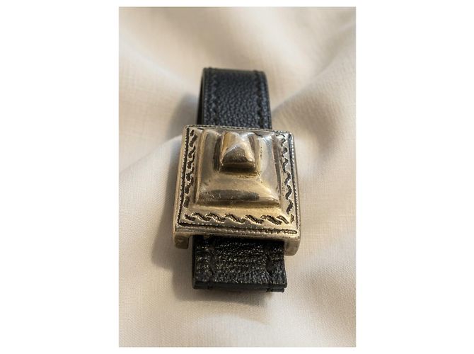 Hermès Pulsera Collier de Chien de cuero negro y plata - vista 3