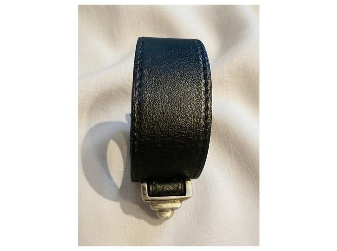 Hermès Pulsera Collier de Chien de cuero negro y plata - vista 4