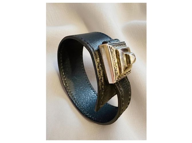 Hermès Pulsera Collier de Chien de cuero negro y plata - vista 7