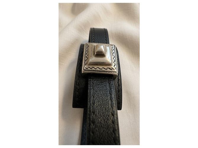 Hermès Pulsera Collier de Chien de cuero negro y plata - vista 8