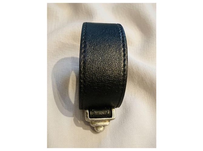 Hermès Pulsera Collier de Chien de cuero negro y plata - vista 9