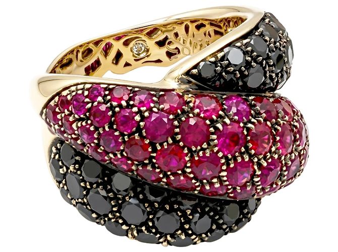 Anello Damiani "Gomitolo", diamanti neri e rubini. - vista 2