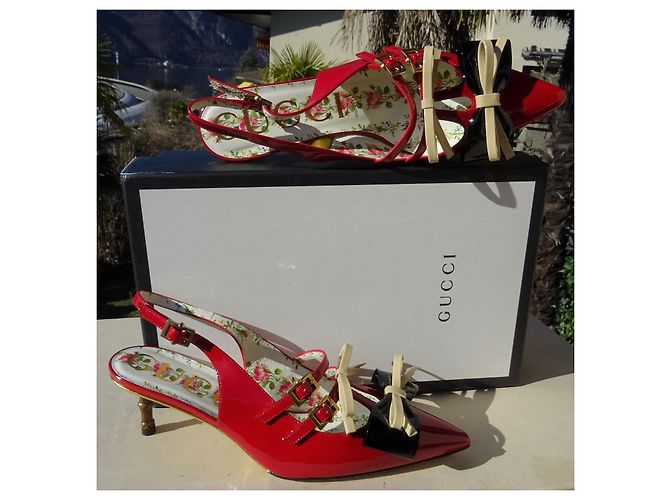 Gucci Rote Lackleder Slingback Pumps Größe 37 Schwarz Weiß - Ansicht 2