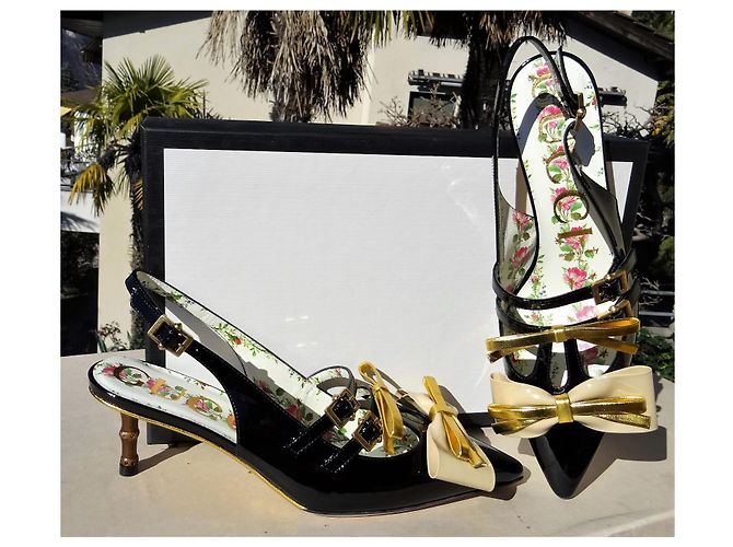 Gucci Slingback Pumps aus Lackleder Schwarz Golden - Ansicht 9