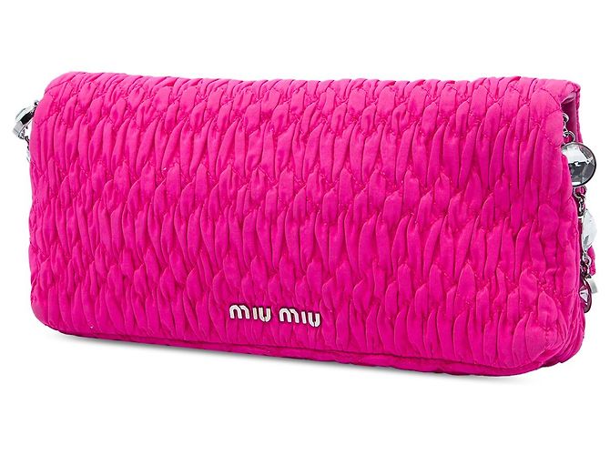 Borsa Miu Miu in nylon matelassé rosa con catena di cristalli - vista 2