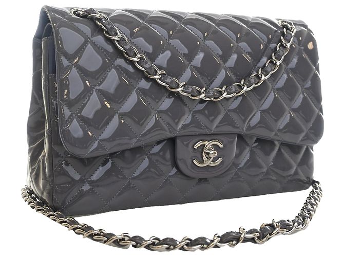 Chanel Gray Jumbo Classic Striped Patent Double Flap Marrone - vista 2