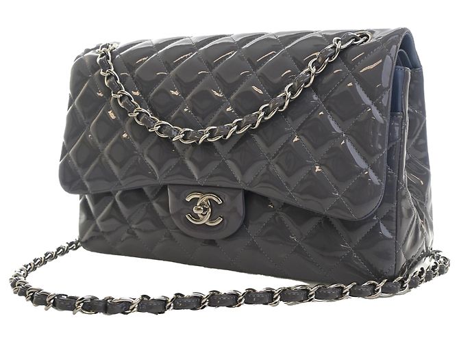Chanel Gray Jumbo Classic Striped Patent Double Flap Marrone - vista 3
