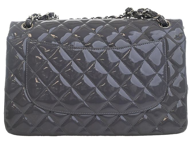 Chanel Gray Jumbo Classic Striped Patent Double Flap Marrone - vista 4