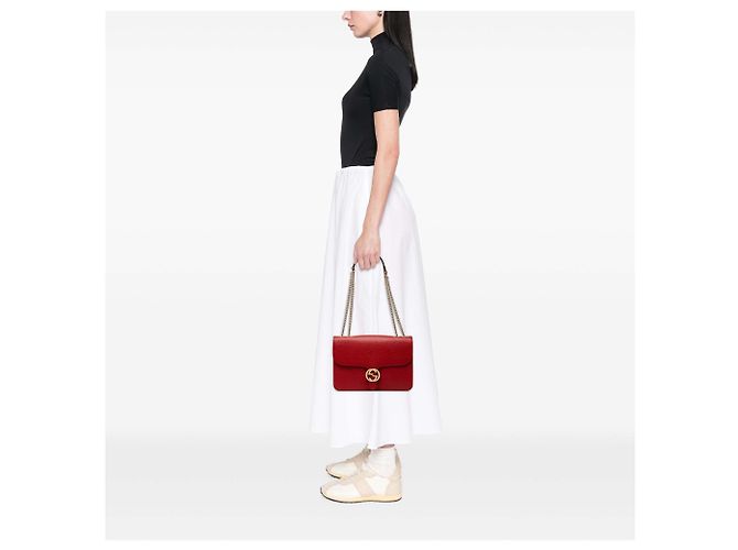 Gucci Rosso Borsa a tracolla in pelle di vitello Dollar Medium con G intrecciato - vista 7