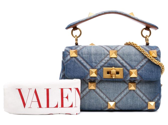 Borsa Valentino Blue Medium Denim Roman Stud - vista 7