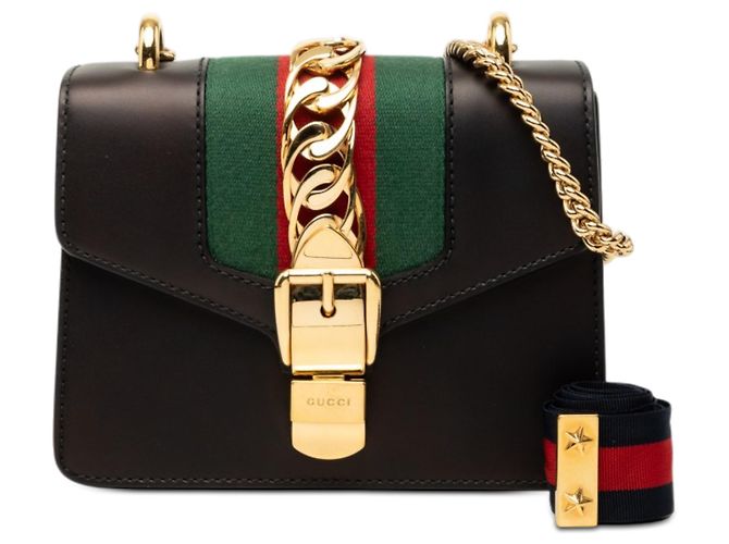 Borsa Sylvie in pelle di vitello nera con banda Web e catena Gucci Nero - vista 7