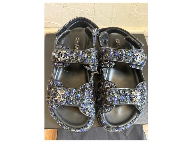 Sandali Chanel in tweed multicolore Nero Blu Verde Giallo - vista 2