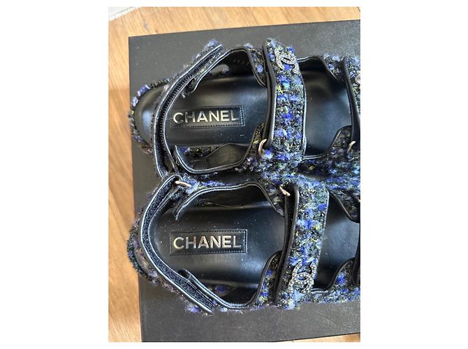 Sandali Chanel in tweed multicolore Nero Blu Verde Giallo - vista 4