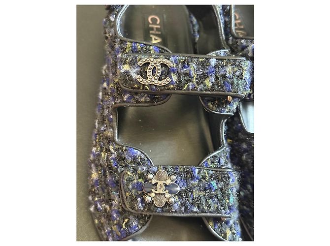 Sandali Chanel in tweed multicolore Nero Blu Verde Giallo - vista 8