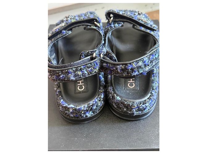Sandali Chanel in tweed multicolore Nero Blu Verde Giallo - vista 10