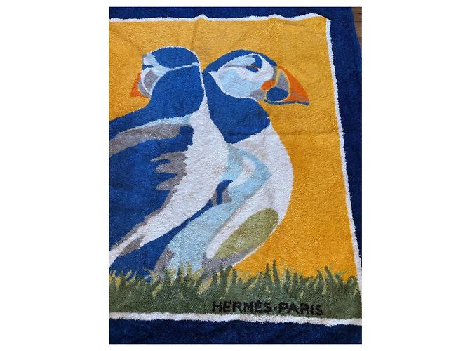 Asciugamano in cotone Hermès motivo pulcinella di mare - Blu e Giallo Bianco Verde Grigio - vista 2