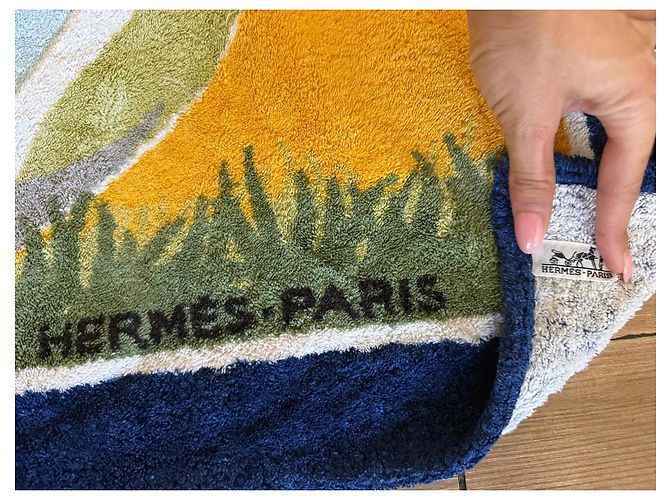 Asciugamano in cotone Hermès motivo pulcinella di mare - Blu e Giallo Bianco Verde Grigio - vista 4