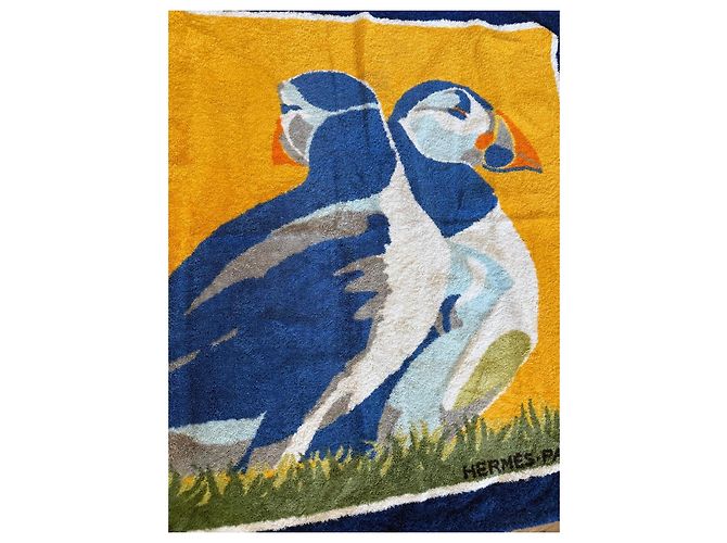 Asciugamano in cotone Hermès motivo pulcinella di mare - Blu e Giallo Bianco Verde Grigio - vista 5