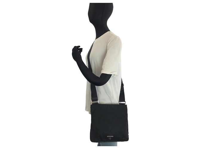 Bolso de hombro Prada de nylon y cuero Tessuto con logotipo triangle Negro - vista 7